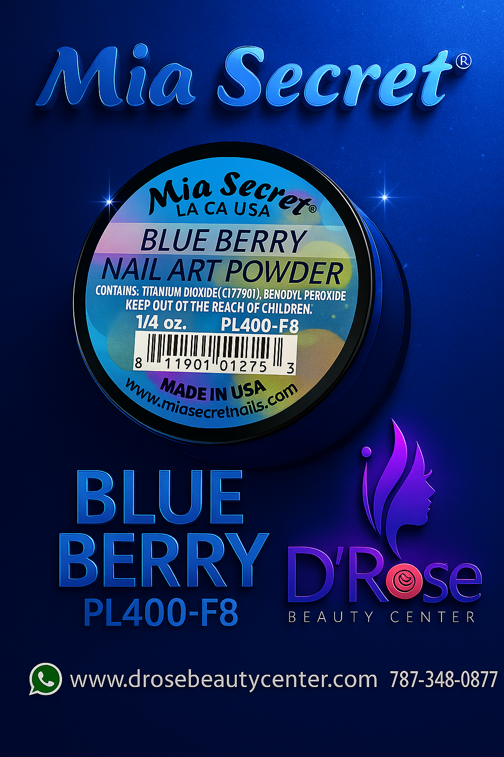 💧 Mia Secret Polvo Acrílico Blue Berry (1/4 oz) | Colección Fruity, Tono Azul Profundo PL400-F8