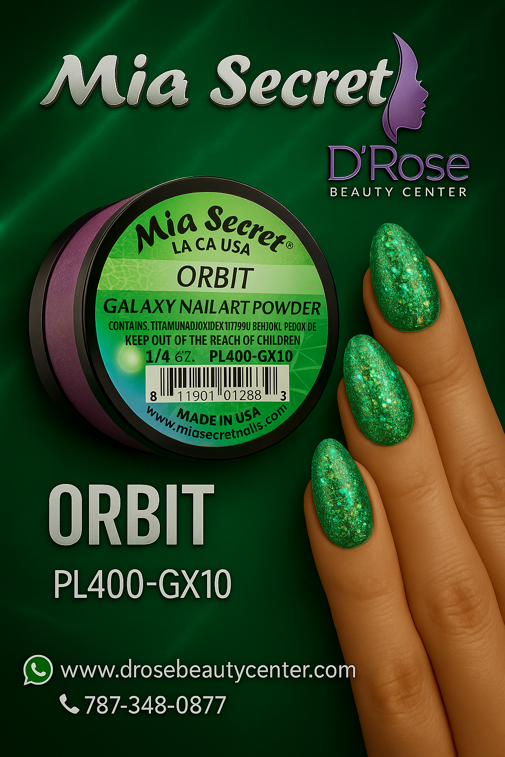 🪐 Mia Secret Polvo Acrílico ORBIT (1/4 oz) | Colección Galaxy, Glitter Esmeralda Dinámico PL400-GX10