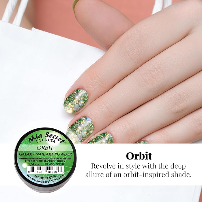 🪐 Mia Secret Polvo Acrílico ORBIT (1/4 oz) | Colección Galaxy, Glitter Esmeralda Dinámico PL400-GX10