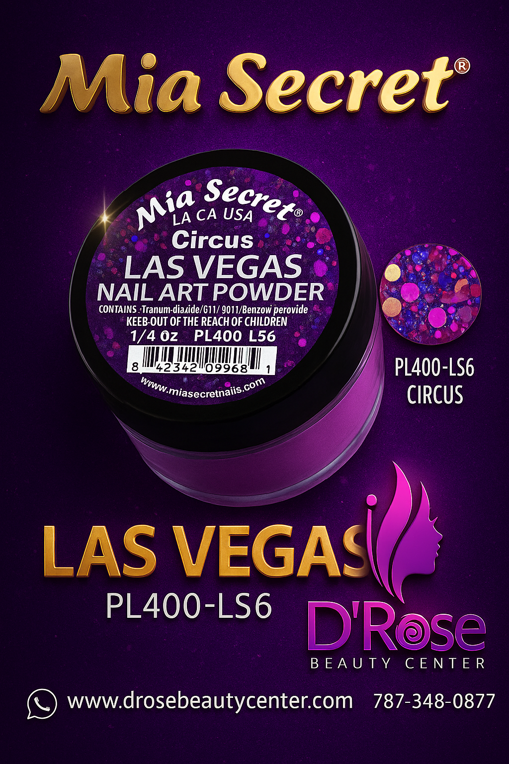 💜 Mia Secret Polvo Acrílico CIRCUS (1/4 oz) | Colección Las Vegas, Glitter y Color de Alto Impacto PL400-LS6