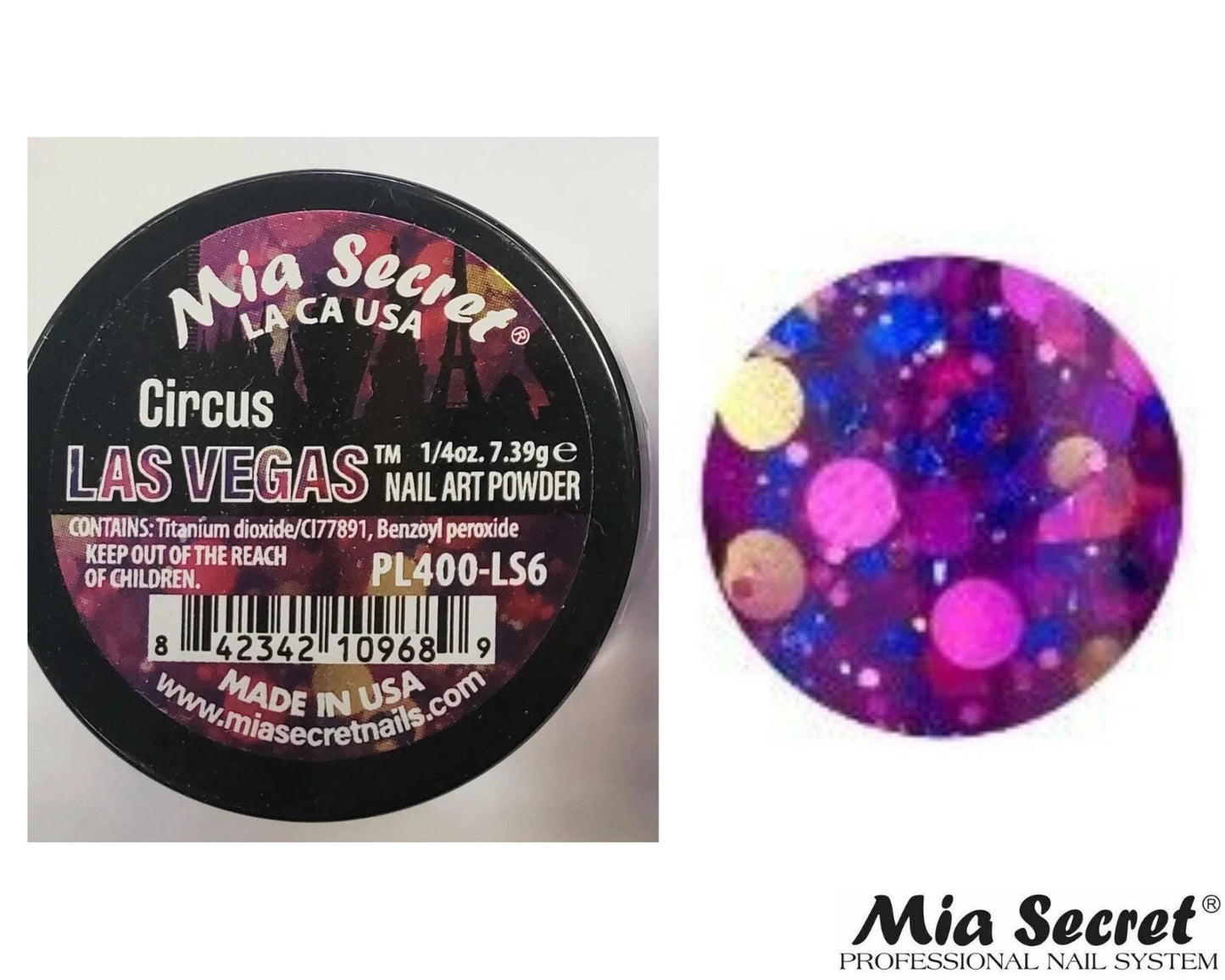 💜 Mia Secret Polvo Acrílico CIRCUS (1/4 oz) | Colección Las Vegas, Glitter y Color de Alto Impacto PL400-LS6