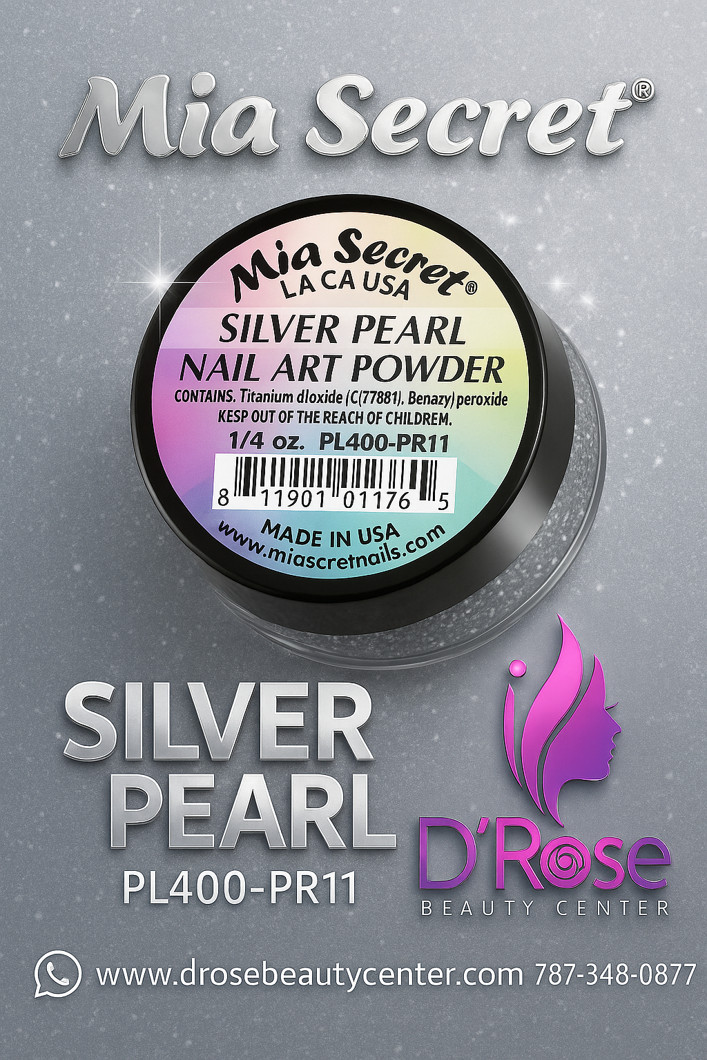 💎 Mia Secret Polvo Acrílico Silver Pearl (1/4 oz) | Colección Pearl, Acabado Plateado Nacarado PL400-PR11