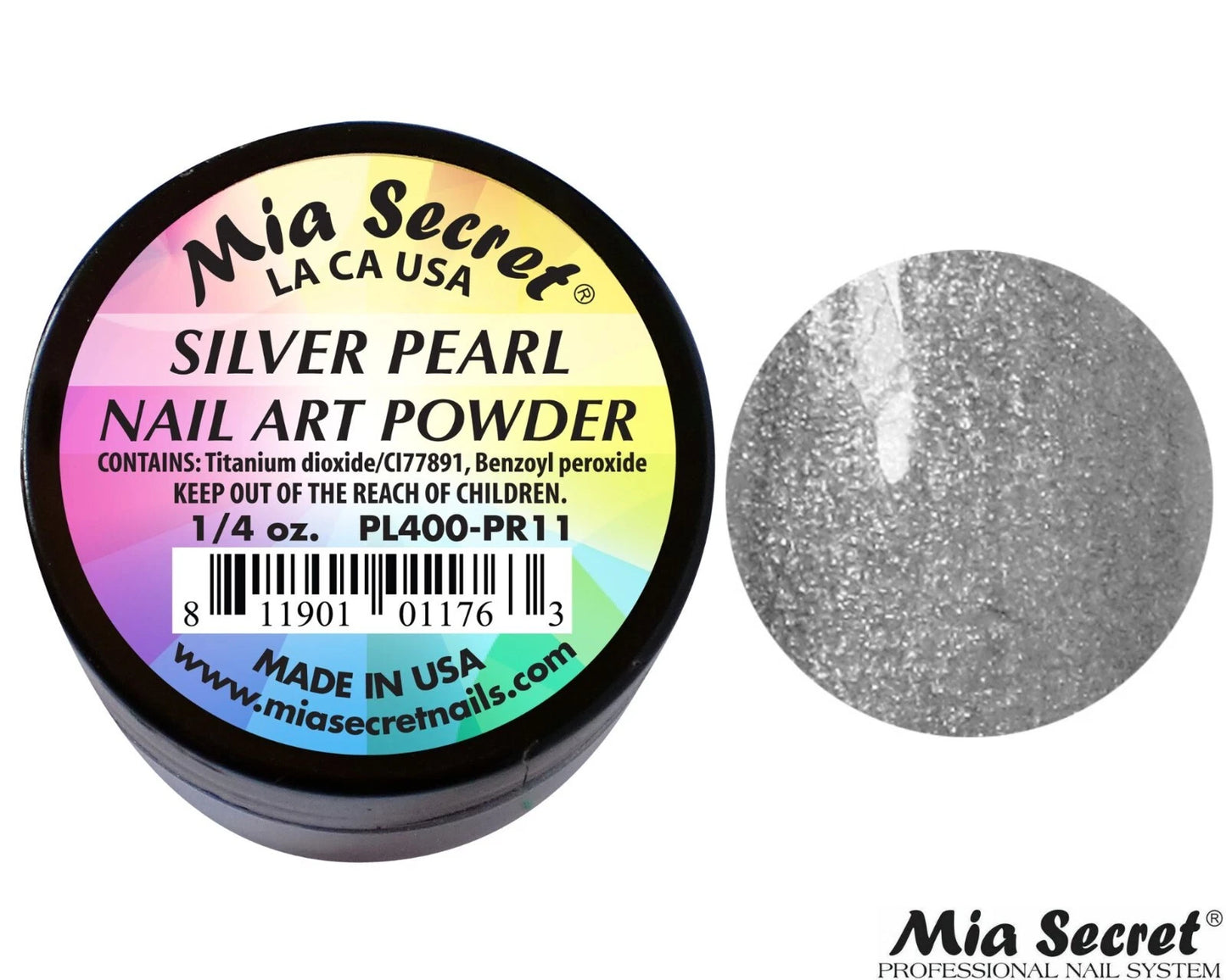 💎 Mia Secret Polvo Acrílico Silver Pearl (1/4 oz) | Colección Pearl, Acabado Plateado Nacarado PL400-PR11