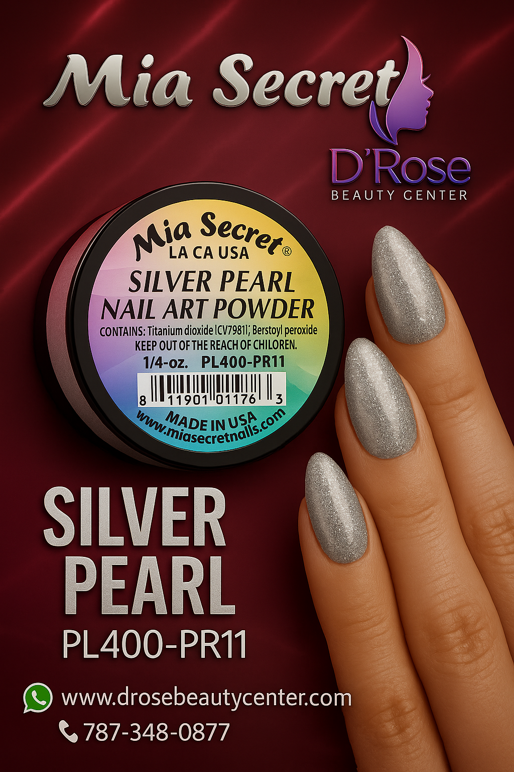 💎 Mia Secret Polvo Acrílico Silver Pearl (1/4 oz) | Colección Pearl, Acabado Plateado Nacarado PL400-PR11
