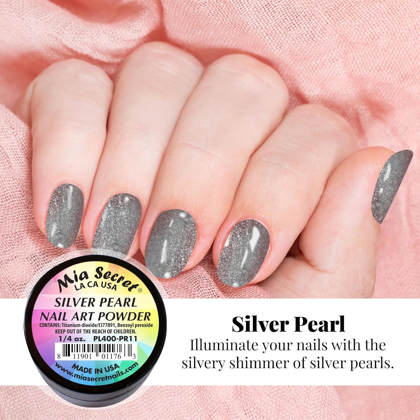 💎 Mia Secret Polvo Acrílico Silver Pearl (1/4 oz) | Colección Pearl, Acabado Plateado Nacarado PL400-PR11