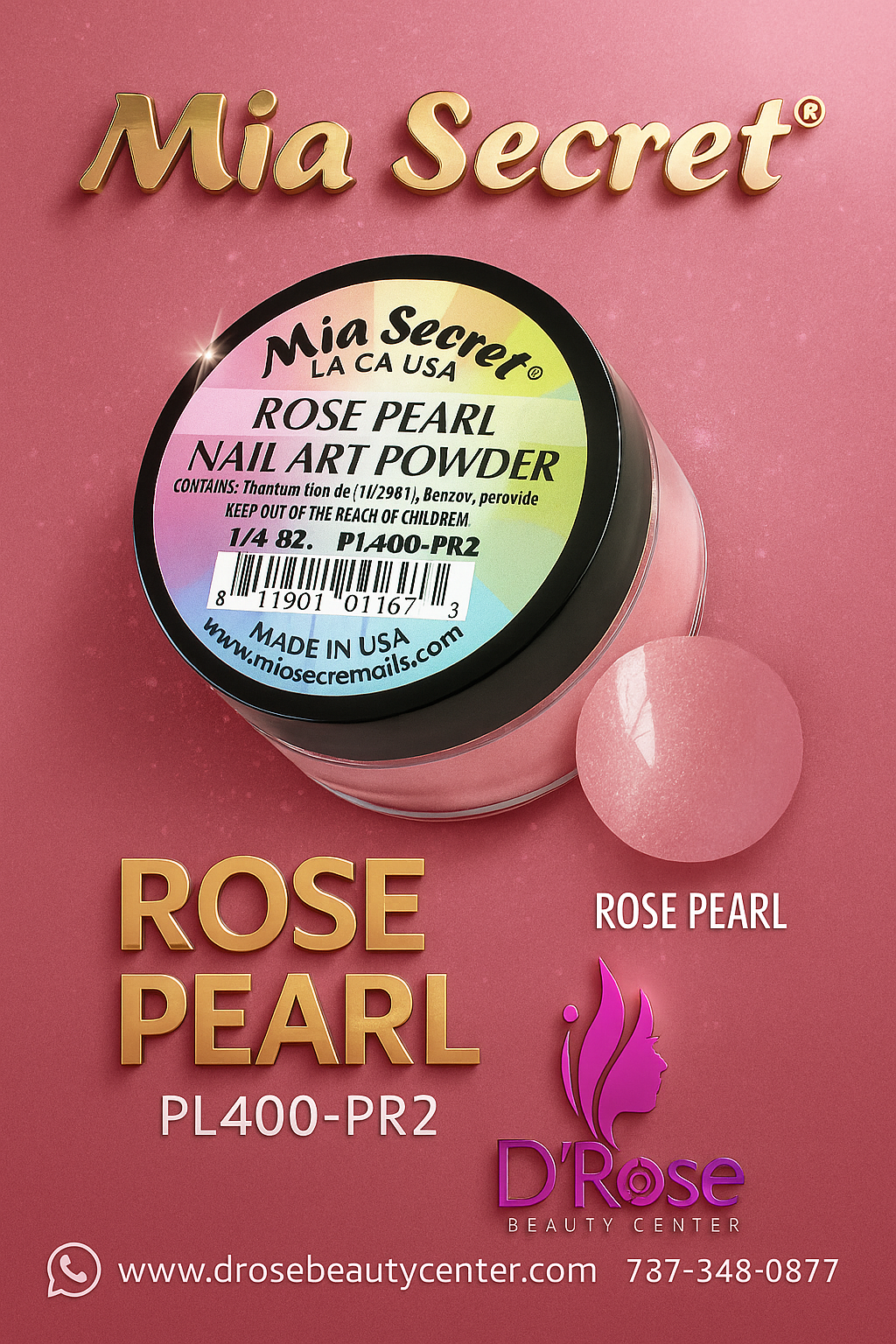 💎 Mia Secret Polvo Acrílico Rose Pearl (1/4 oz) | Colección Pearl, Acabado Rosado Nacarado PL400-PR2