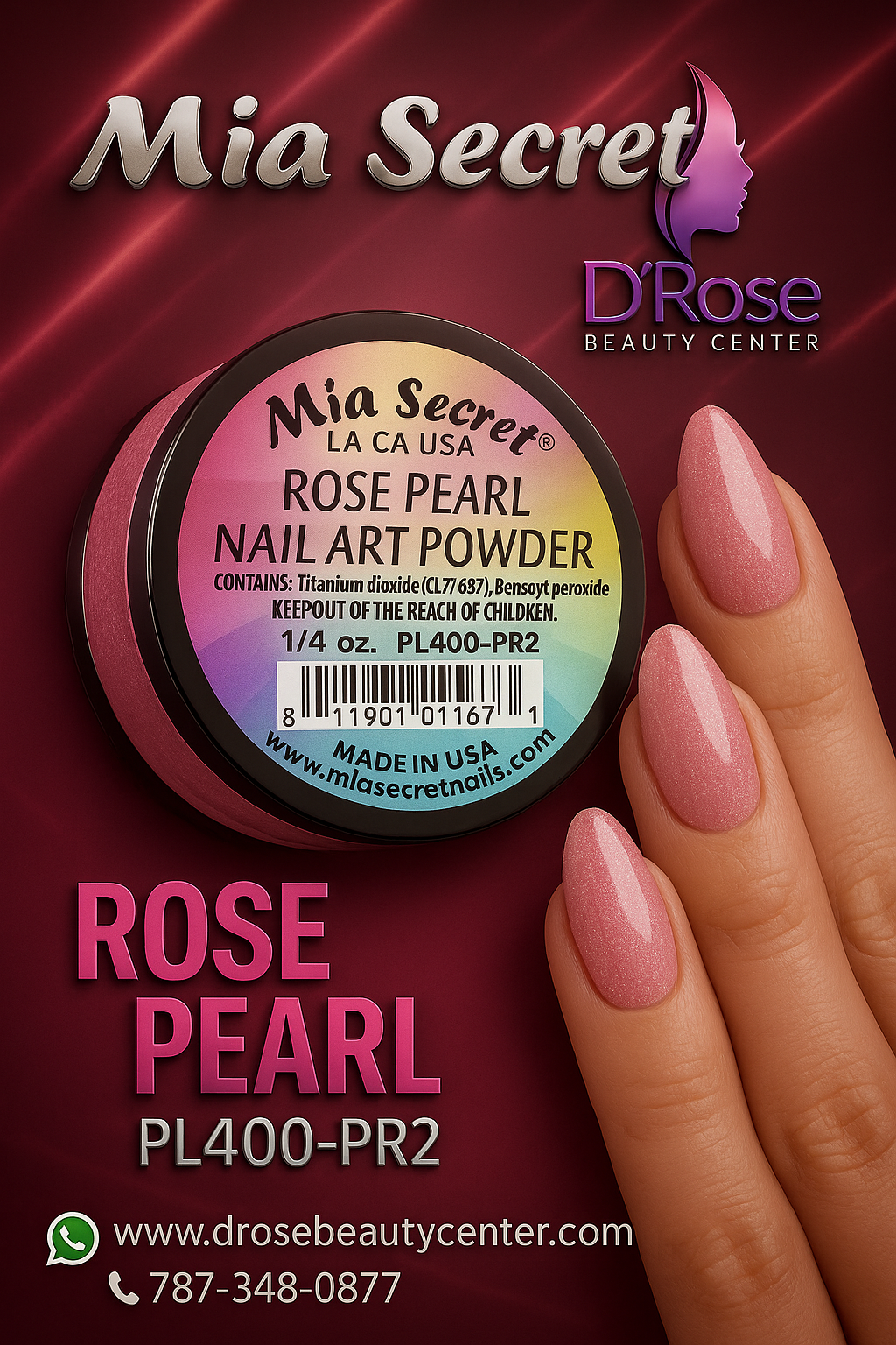 💎 Mia Secret Polvo Acrílico Rose Pearl (1/4 oz) | Colección Pearl, Acabado Rosado Nacarado PL400-PR2
