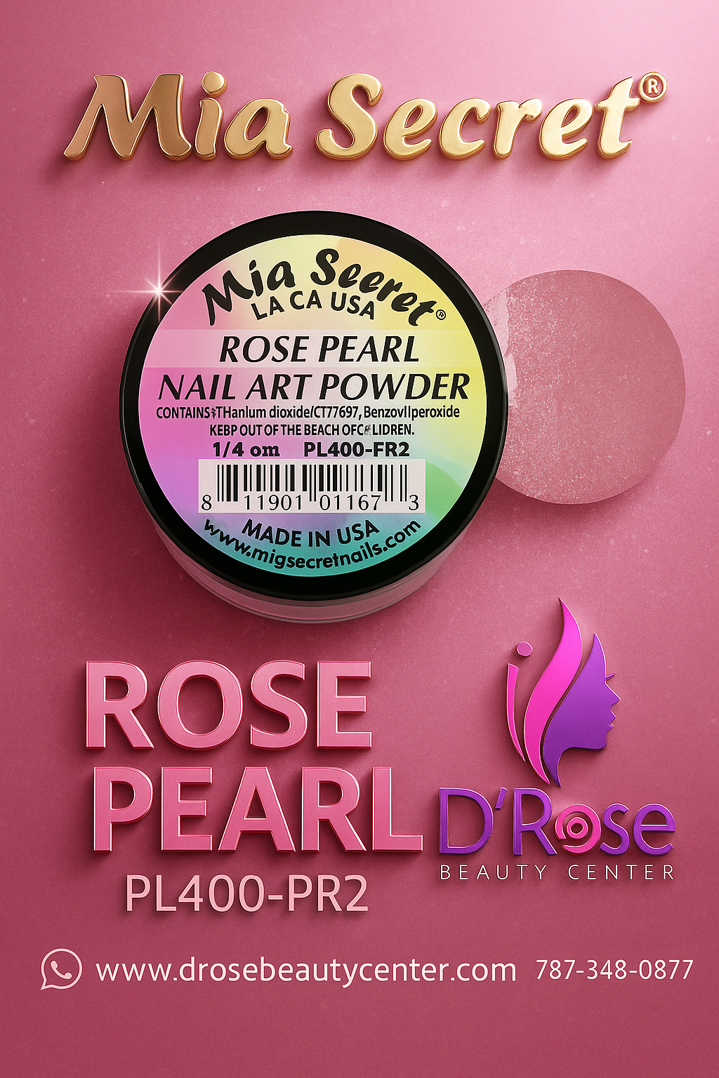 💎 Mia Secret Polvo Acrílico Rose Pearl (1/4 oz) | Colección Pearl, Acabado Rosado Nacarado PL400-PR2