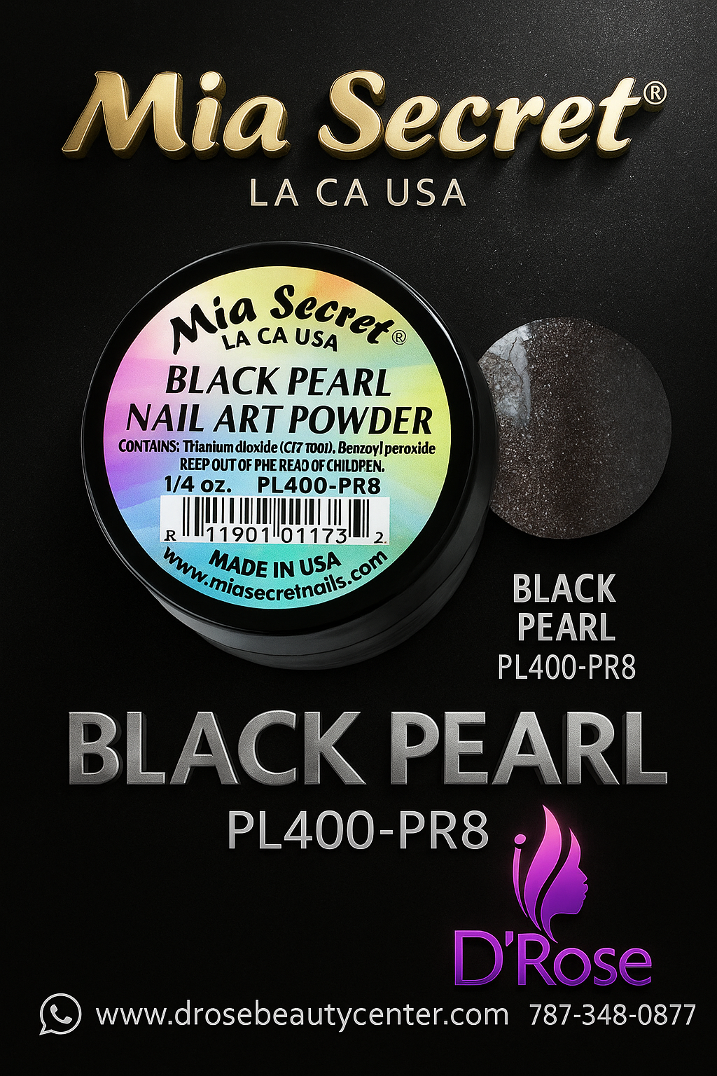 💎 Mia Secret Polvo Acrílico Black Pearl (1/4 oz) | Colección Pearl, Acabado Negro Perlado PL400-PR8