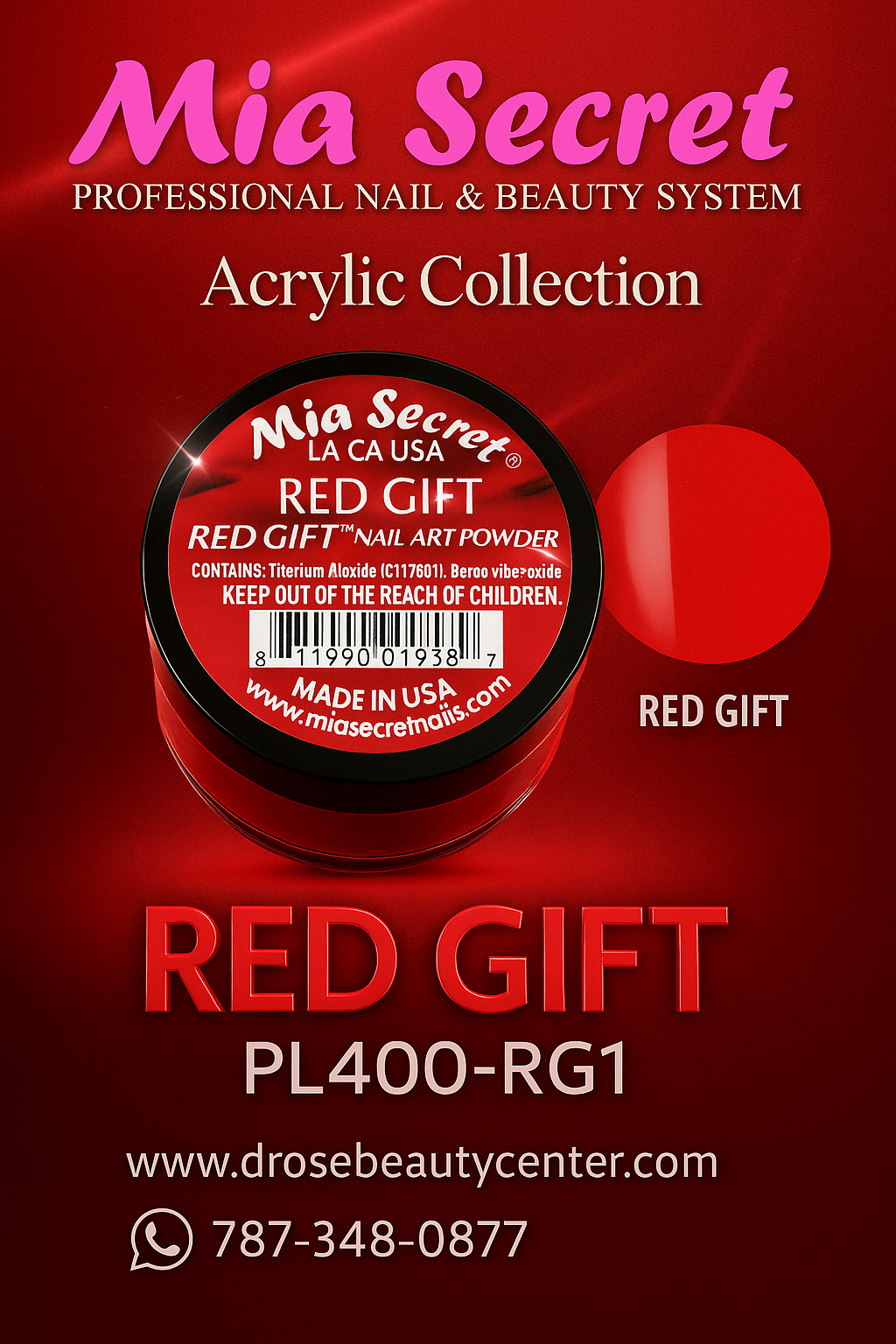 🔴 Mia Secret Polvo Acrílico Red Gift (1/4 oz) | Colección Red Gift, El Rojo Puro para Nail Art PL400-RG1