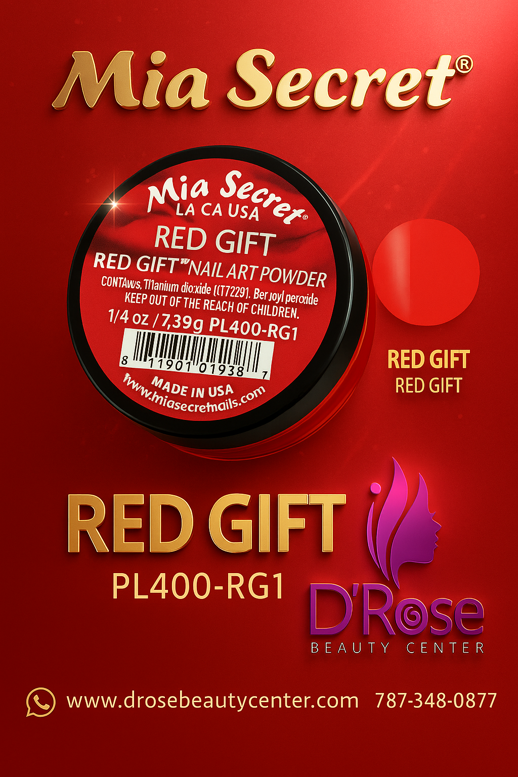 🔴 Mia Secret Polvo Acrílico Red Gift (1/4 oz) | Colección Red Gift, El Rojo Puro para Nail Art PL400-RG1