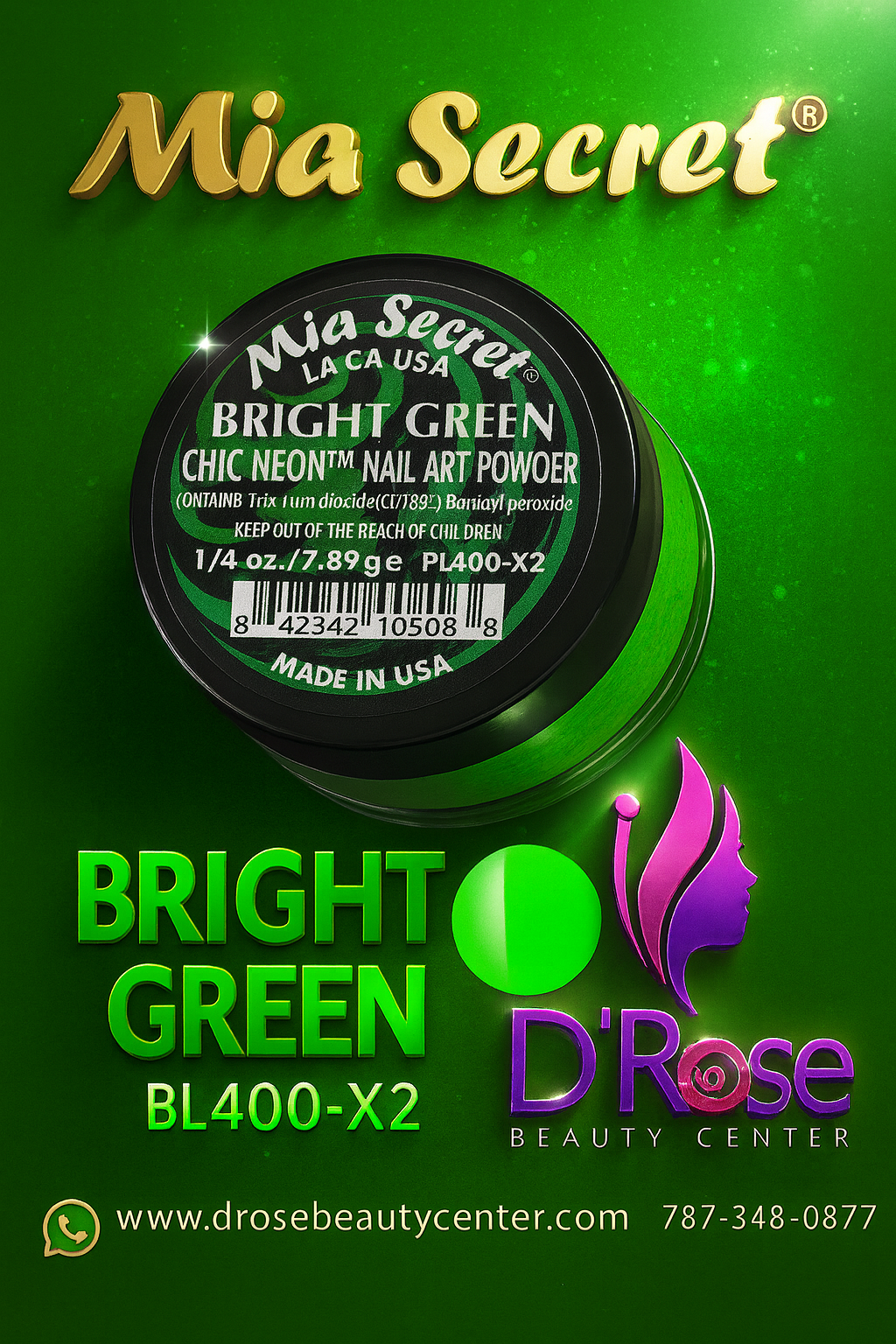 💚✨ MIA SECRET — BRIGHT GREEN CHIC NEON™ Nail Art Powder • PL400-X2 • 1/4 oz