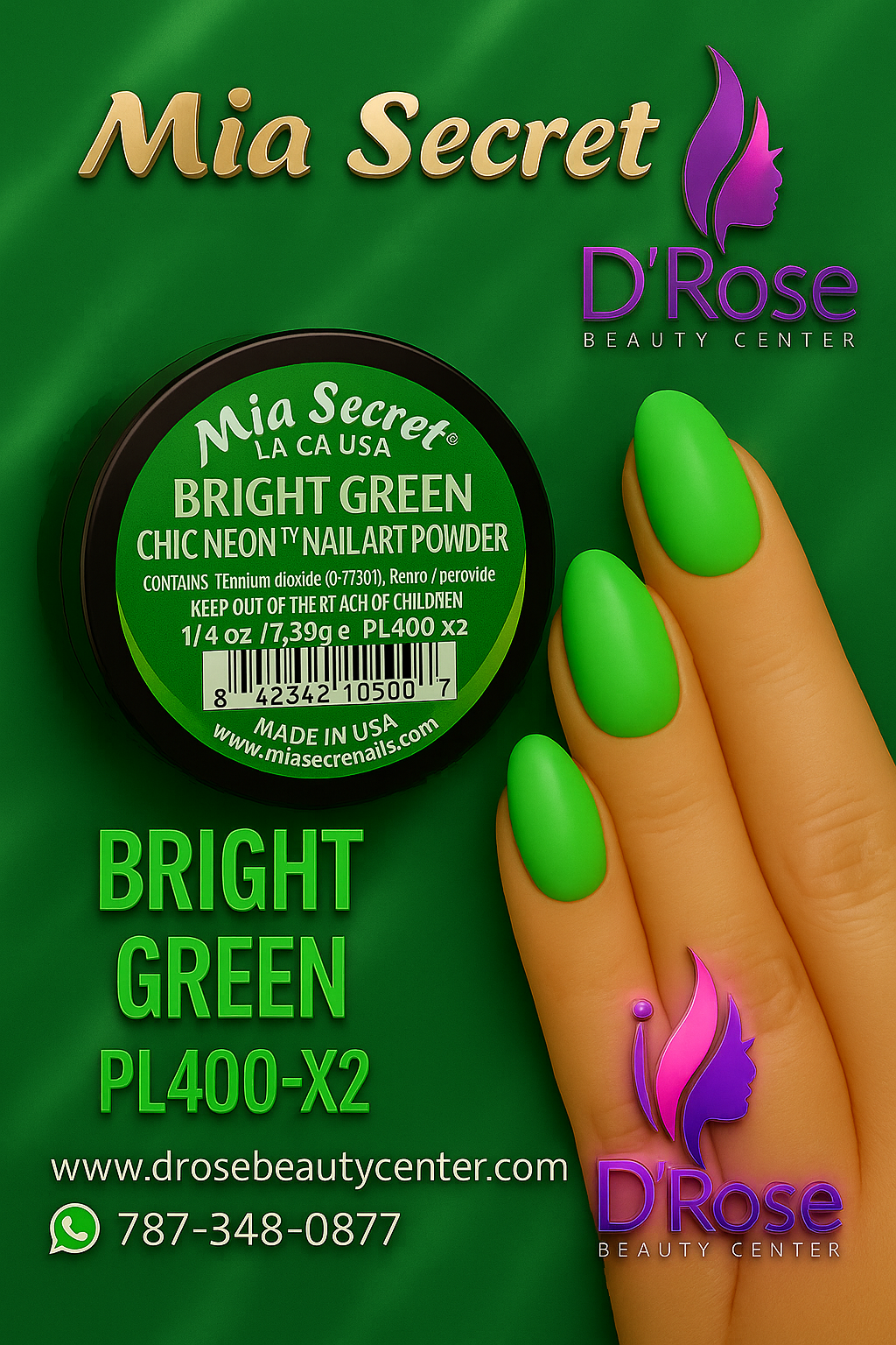 💚✨ MIA SECRET — BRIGHT GREEN CHIC NEON™ Nail Art Powder • PL400-X2 • 1/4 oz
