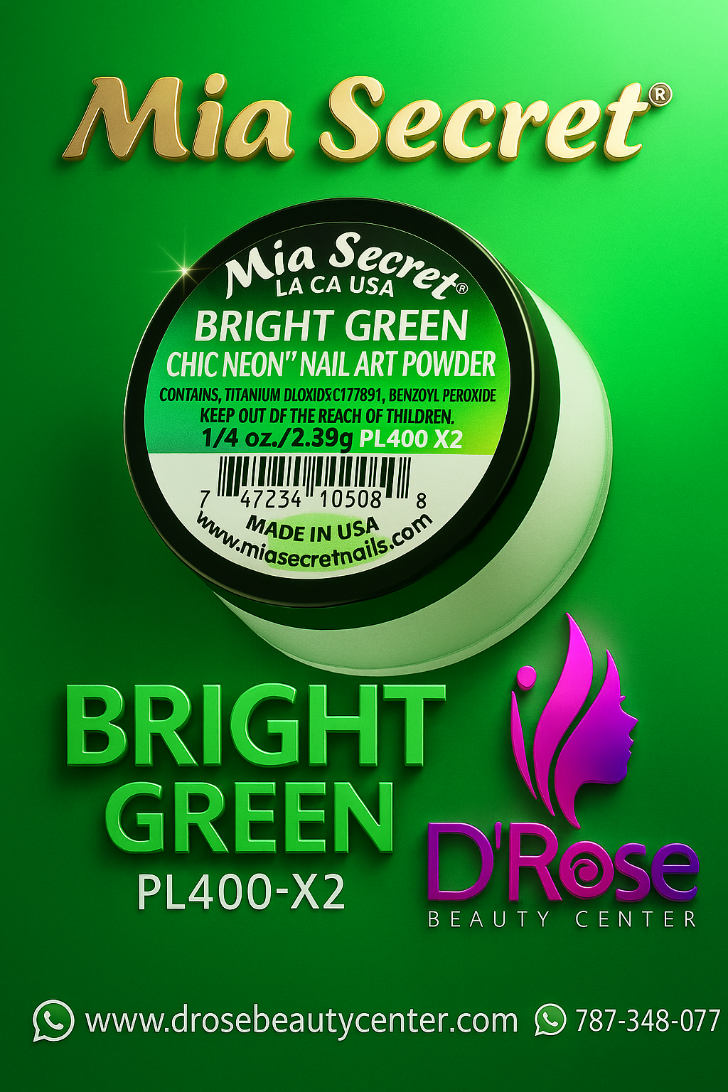 💚✨ MIA SECRET — BRIGHT GREEN CHIC NEON™ Nail Art Powder • PL400-X2 • 1/4 oz
