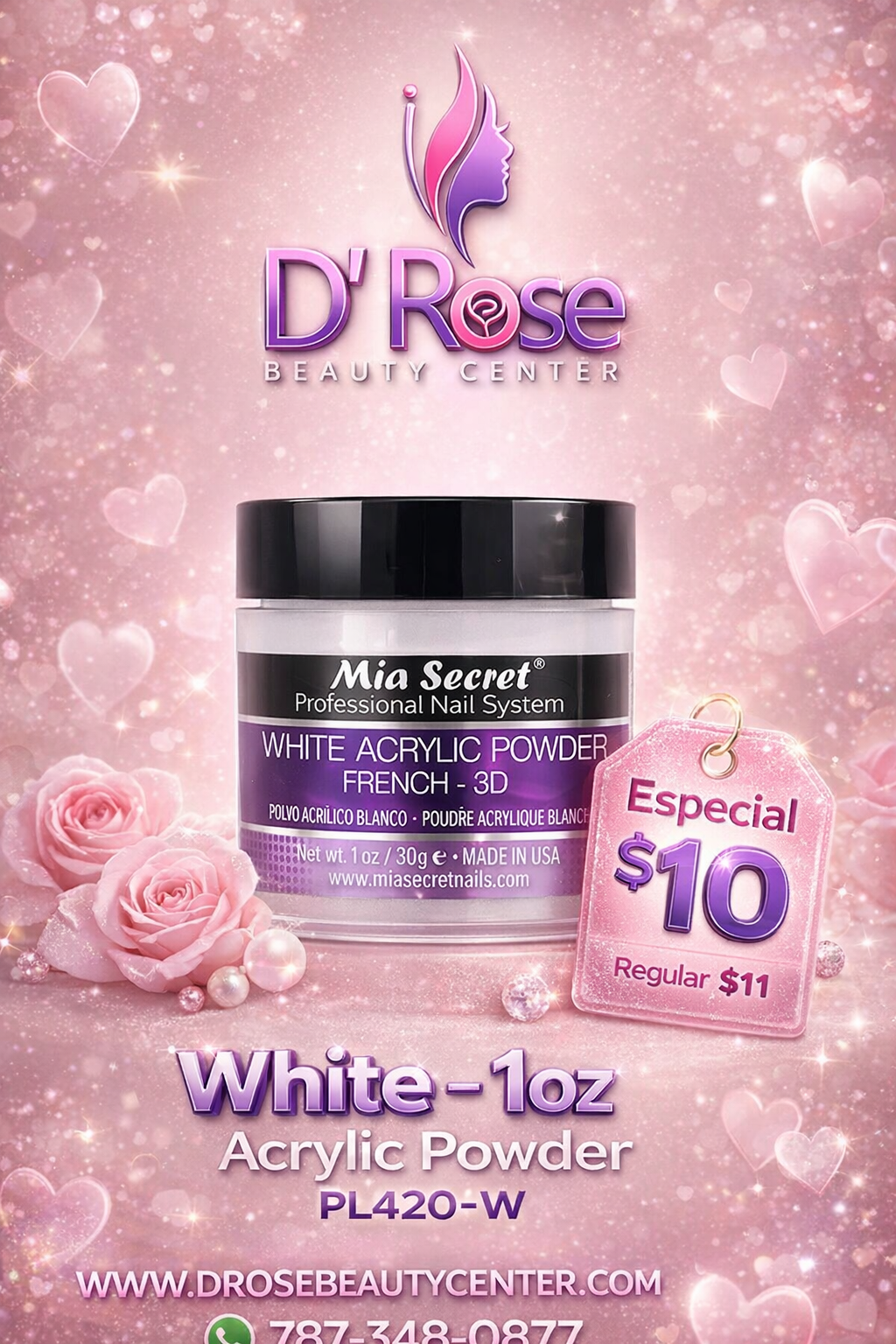 💖✨ Mia Secret® White Acrylic Powder French-3D 1 oz | Blanco Puro Profesional (PL420-W) ✨💖