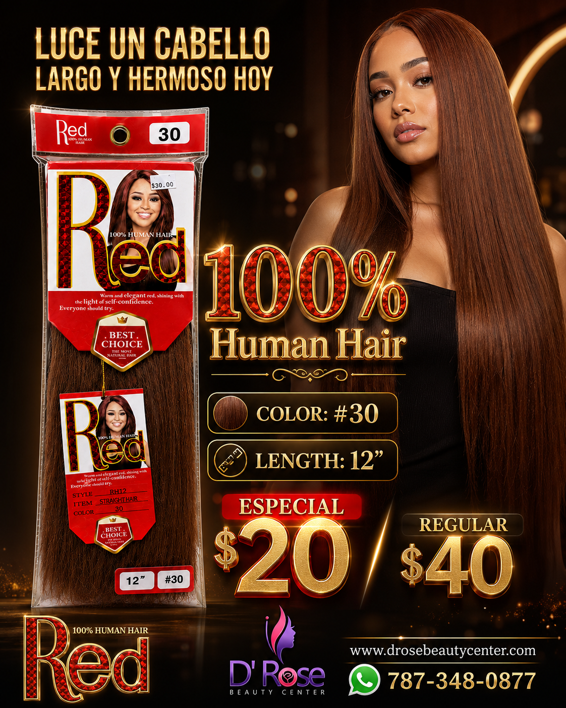 Red 100% Human Hair Straight Hair Color #30 12"