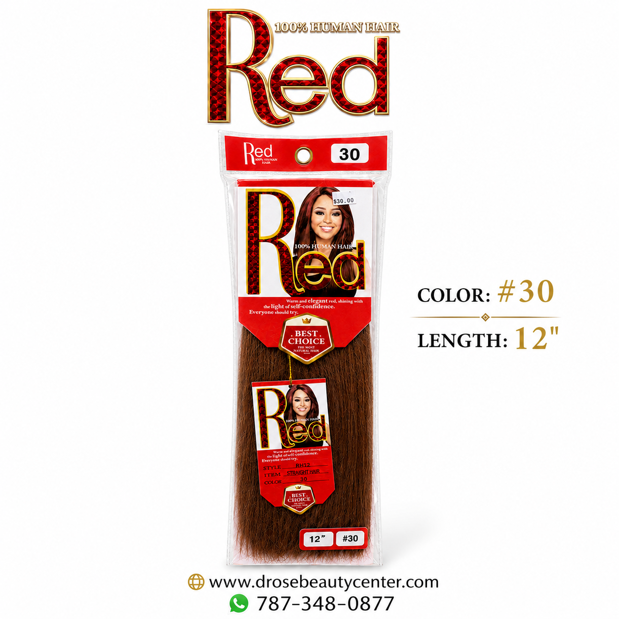 Red 100% Human Hair Straight Hair Color #30 12"