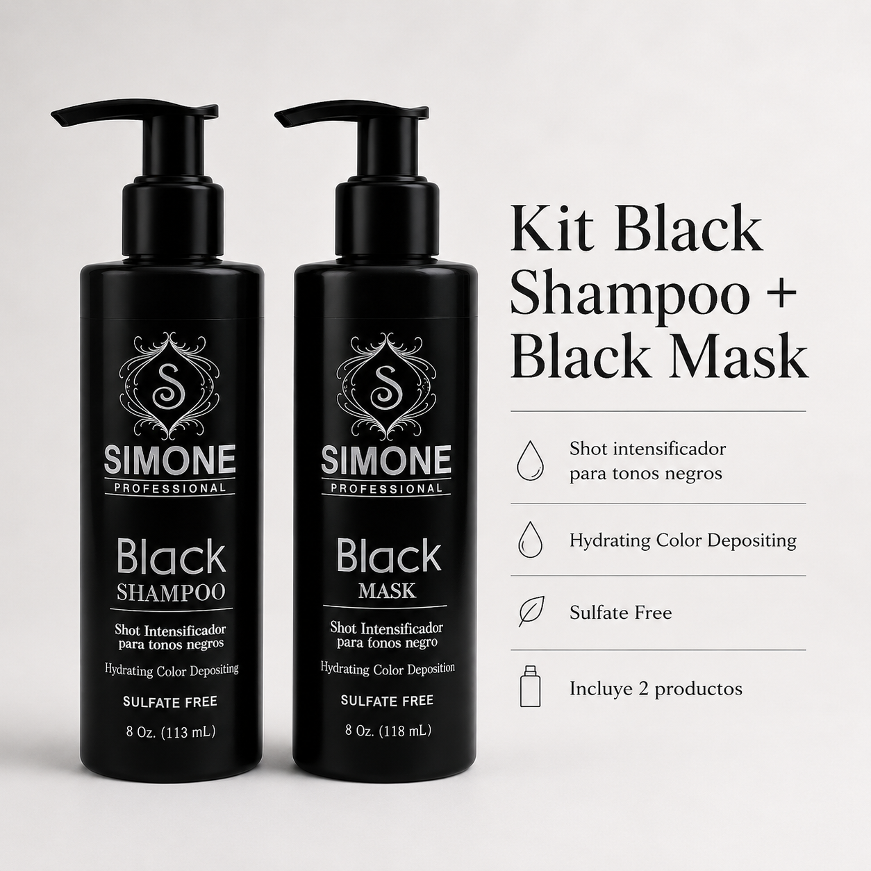 Simone Professional Black Care Kit 2 Piezas – Black Shampoo + Black Mask – SBK2