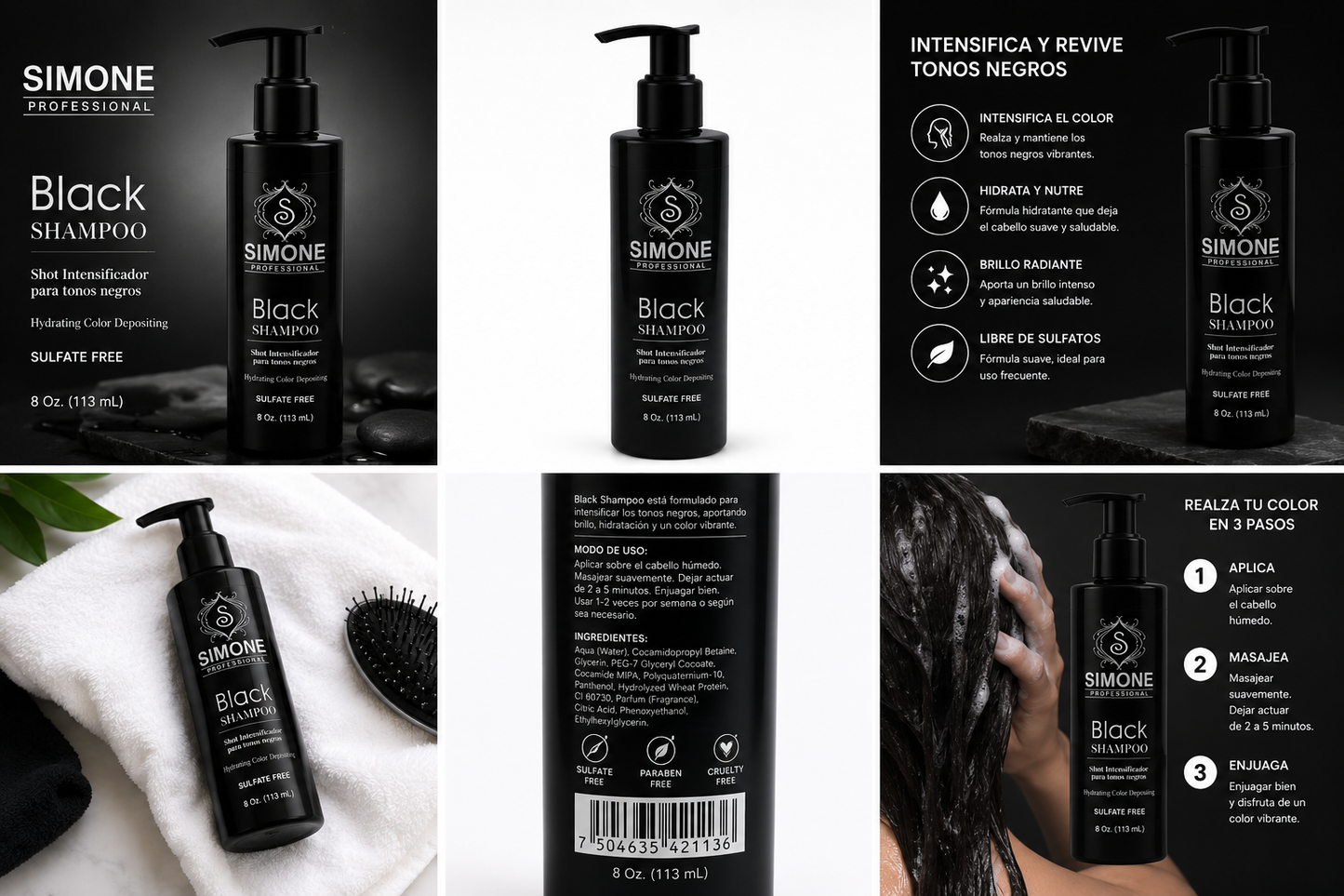 Simone Professional Black Shampoo 8 Oz. (113 mL) – Intensificador para Tonos Negros