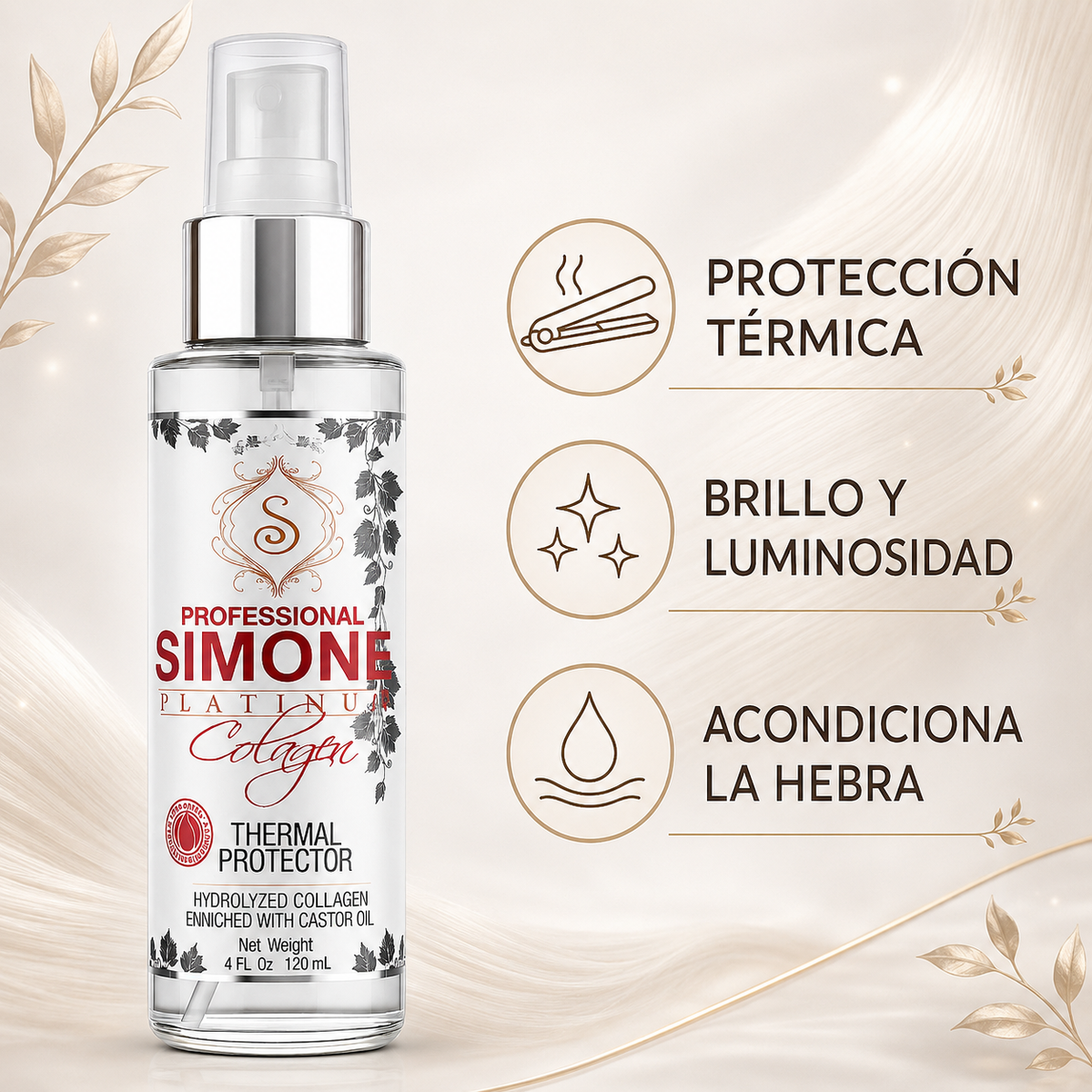Simone Professional Platinum Collagen Laceador Protector Térmico 4 oz SCLT4