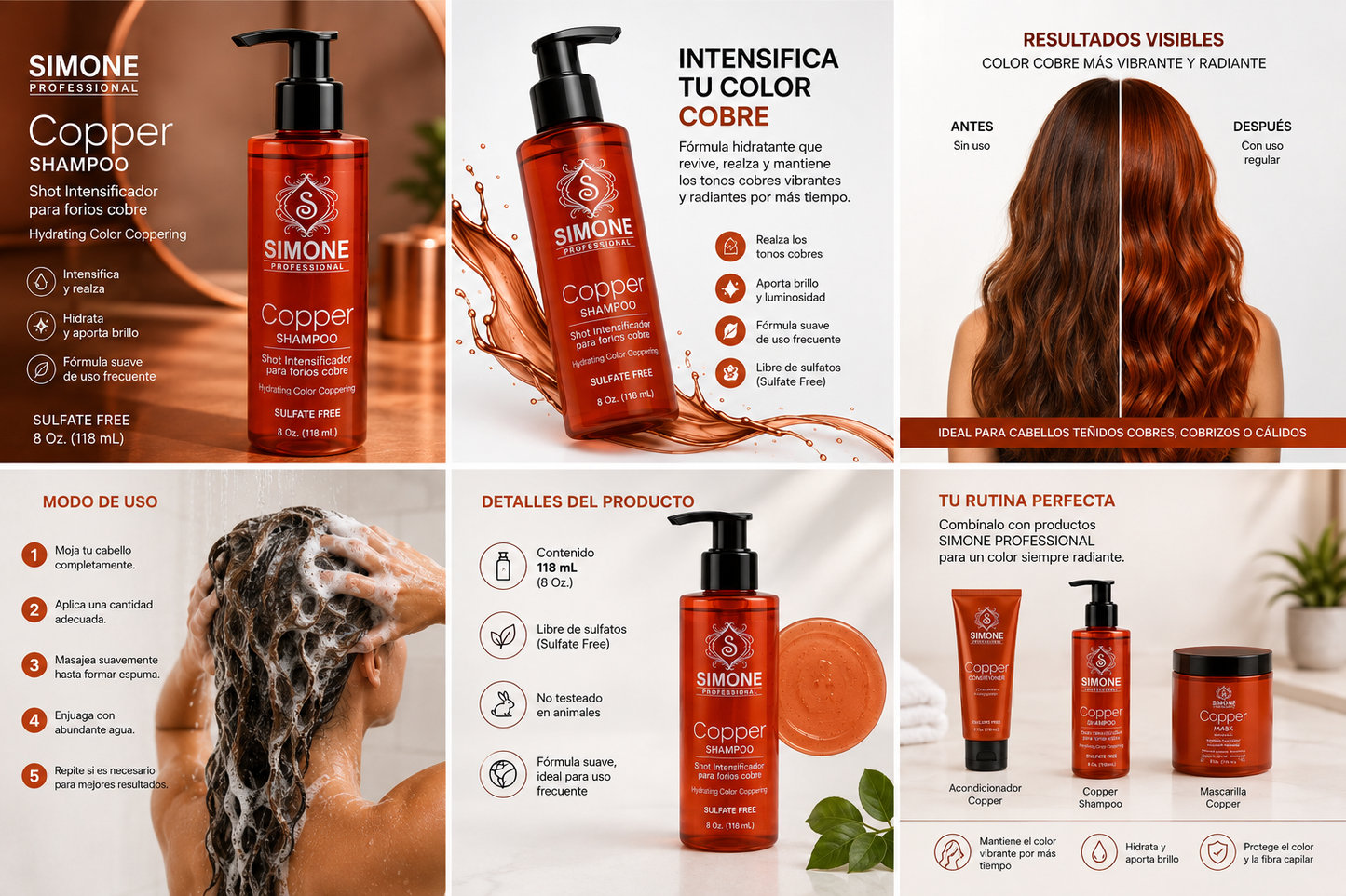 Simone Professional Copper Shampoo 8 oz (118 mL) | Shampoo Intensificador para Tonos Cobre
