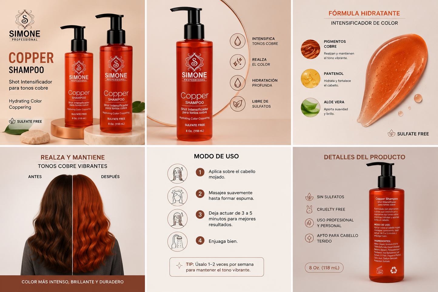 Simone Professional Copper Shampoo 8 oz (118 mL) | Shampoo Intensificador para Tonos Cobre