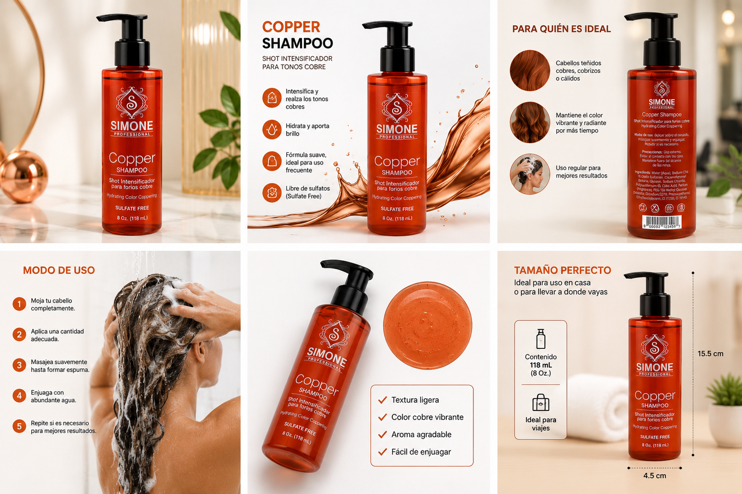 Simone Professional Copper Shampoo 8 oz (118 mL) | Shampoo Intensificador para Tonos Cobre