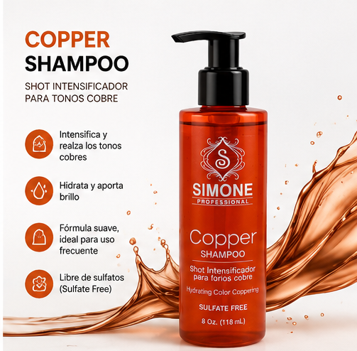 Simone Professional Copper Shampoo 8 oz (118 mL) | Shampoo Intensificador para Tonos Cobre