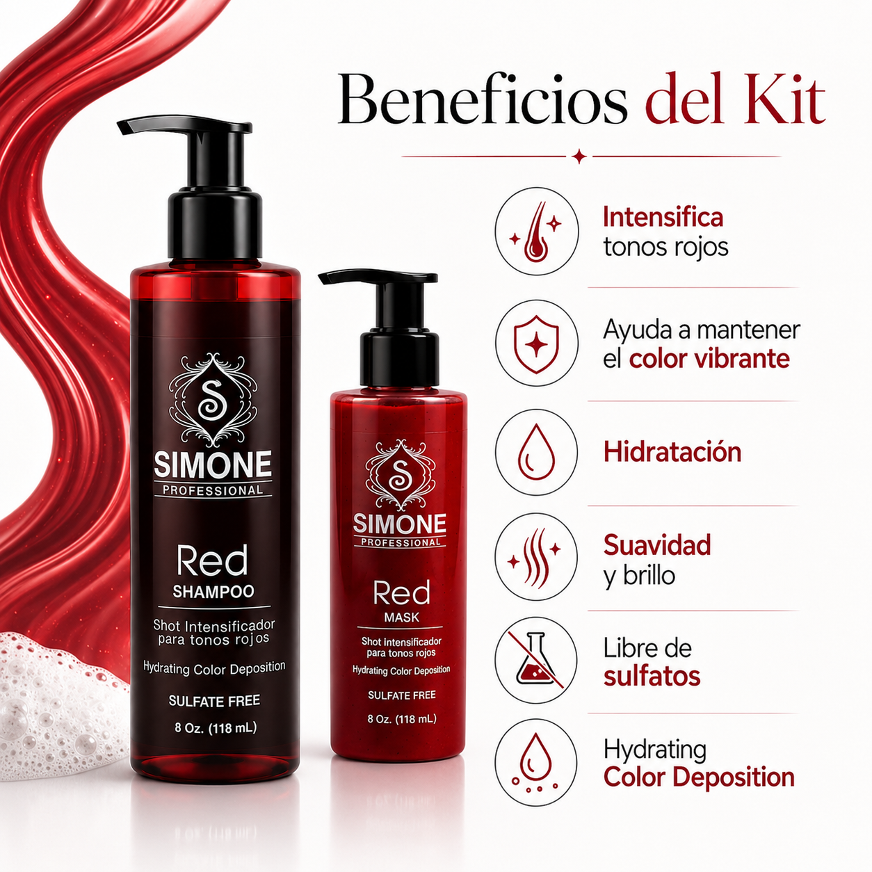 Simone Professional Red Care Kit SRK2 – Red Shampoo + Red Mask 8 Oz. Cada Uno