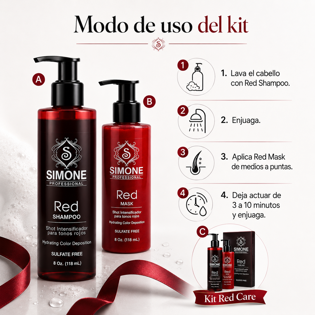 Simone Professional Red Care Kit SRK2 – Red Shampoo + Red Mask 8 Oz. Cada Uno