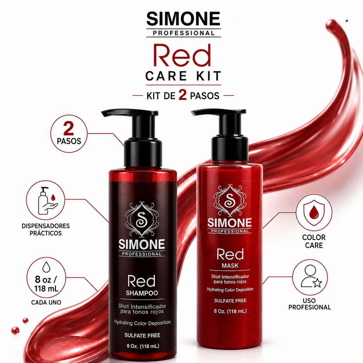 Simone Professional Red Care Kit SRK2 – Red Shampoo + Red Mask 8 Oz. Cada Uno