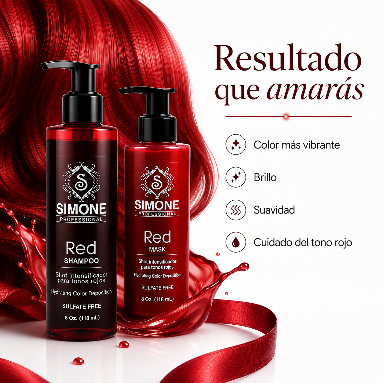 Simone Professional Red Care Kit SRK2 – Red Shampoo + Red Mask 8 Oz. Cada Uno