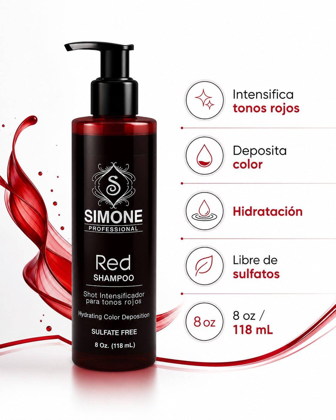 Simone Professional Red Shampoo SRSH8 8 Oz. (118 mL) – Tonos Rojos