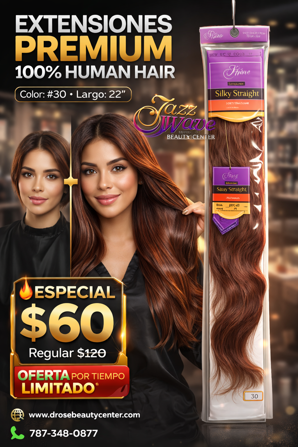 ✨ Extensiones Jazz Wave Silky Straight 22” Color #30 – 100% Cabello Humano Premium ✨