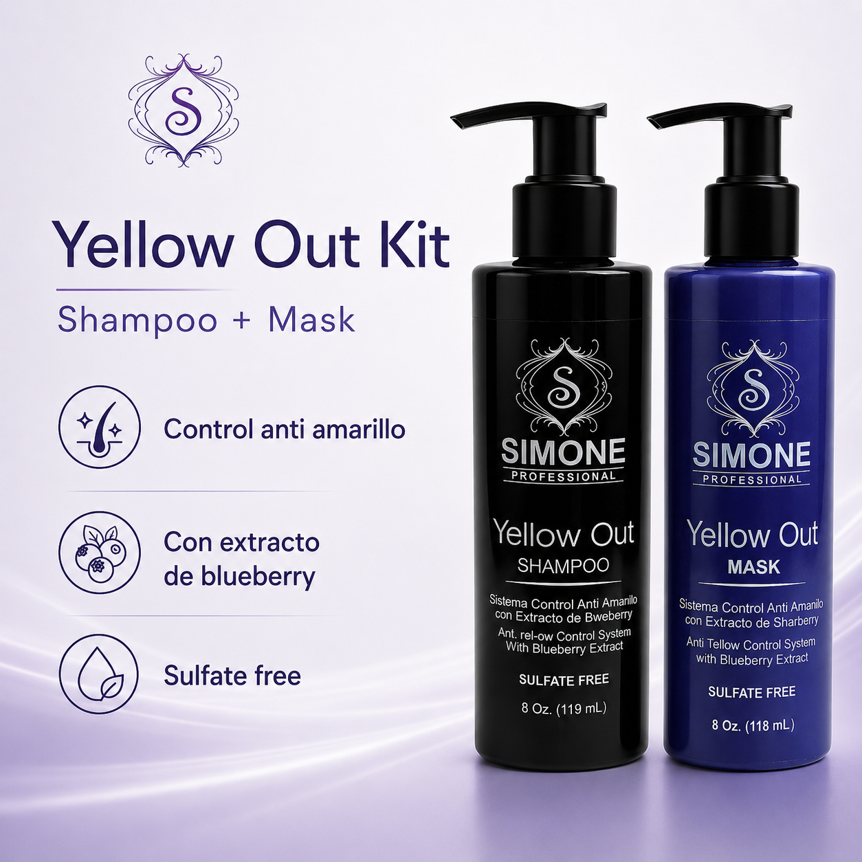 Simone Professional Yellow Out Kit 2 Piezas – Shampoo 8 Oz. + Mask 8 Oz.
