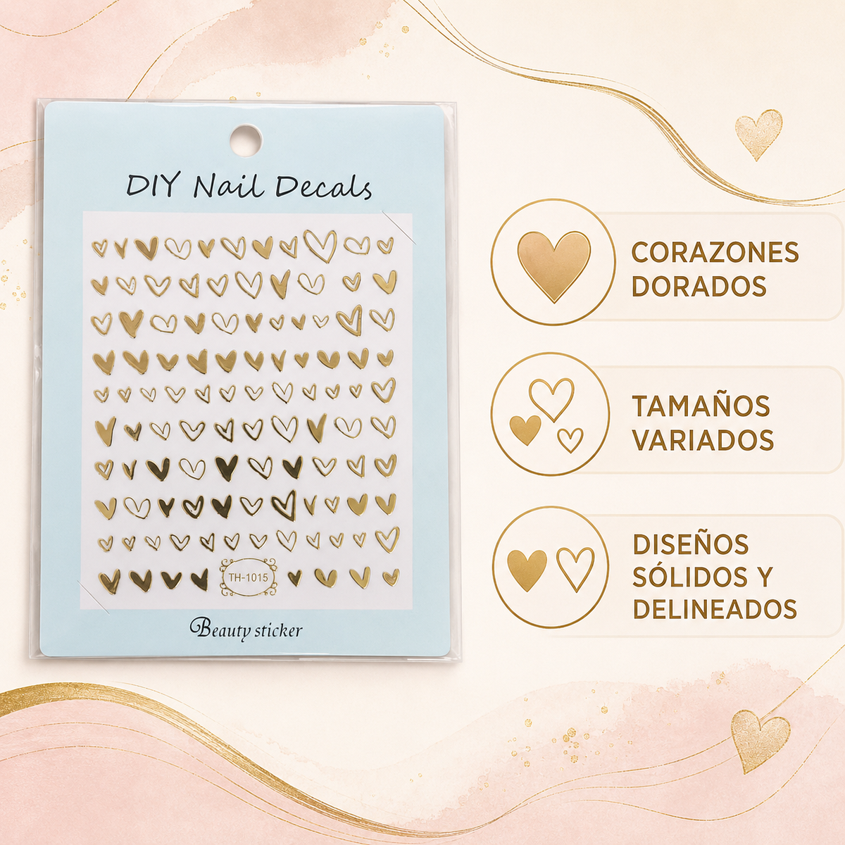 DIY Nail Decals de Corazones Dorados TH-1015