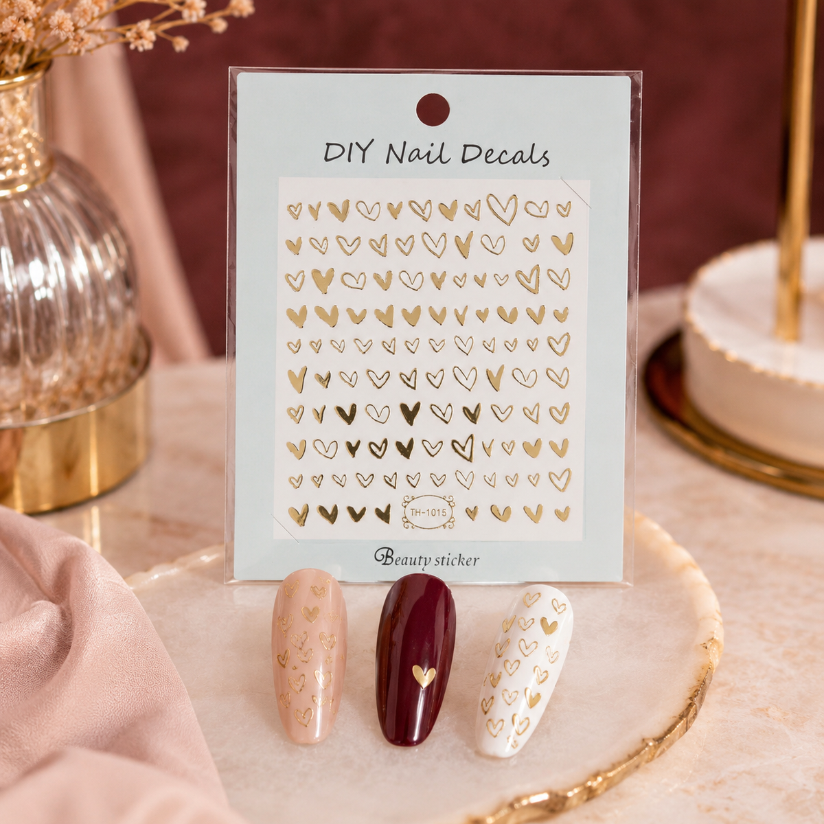 DIY Nail Decals de Corazones Dorados TH-1015