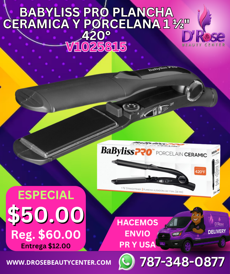 🔥 Babyliss PRO Plancha Profesional Porcelana y Cerámica 1½” – 420°F 🔥