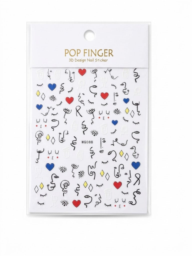 Pop Finger 3D Design Nail Stickers WG088 – Rostros Abstractos, Ojos y Corazones