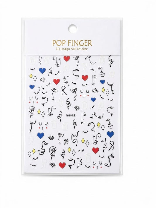 Pop Finger 3D Design Nail Stickers WG088 – Rostros Abstractos, Ojos y Corazones
