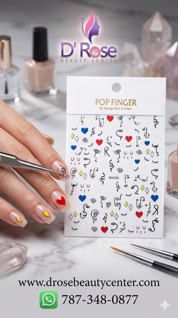 Pop Finger 3D Design Nail Stickers WG088 – Rostros Abstractos, Ojos y Corazones