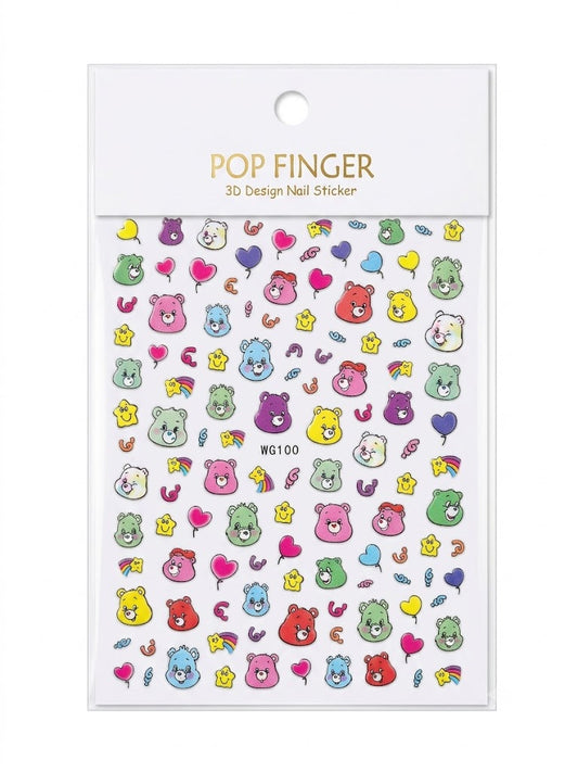 Pop Finger 3D Design Nail Stickers WG100 – Ositos, Corazones, Estrellas y Arcoíris