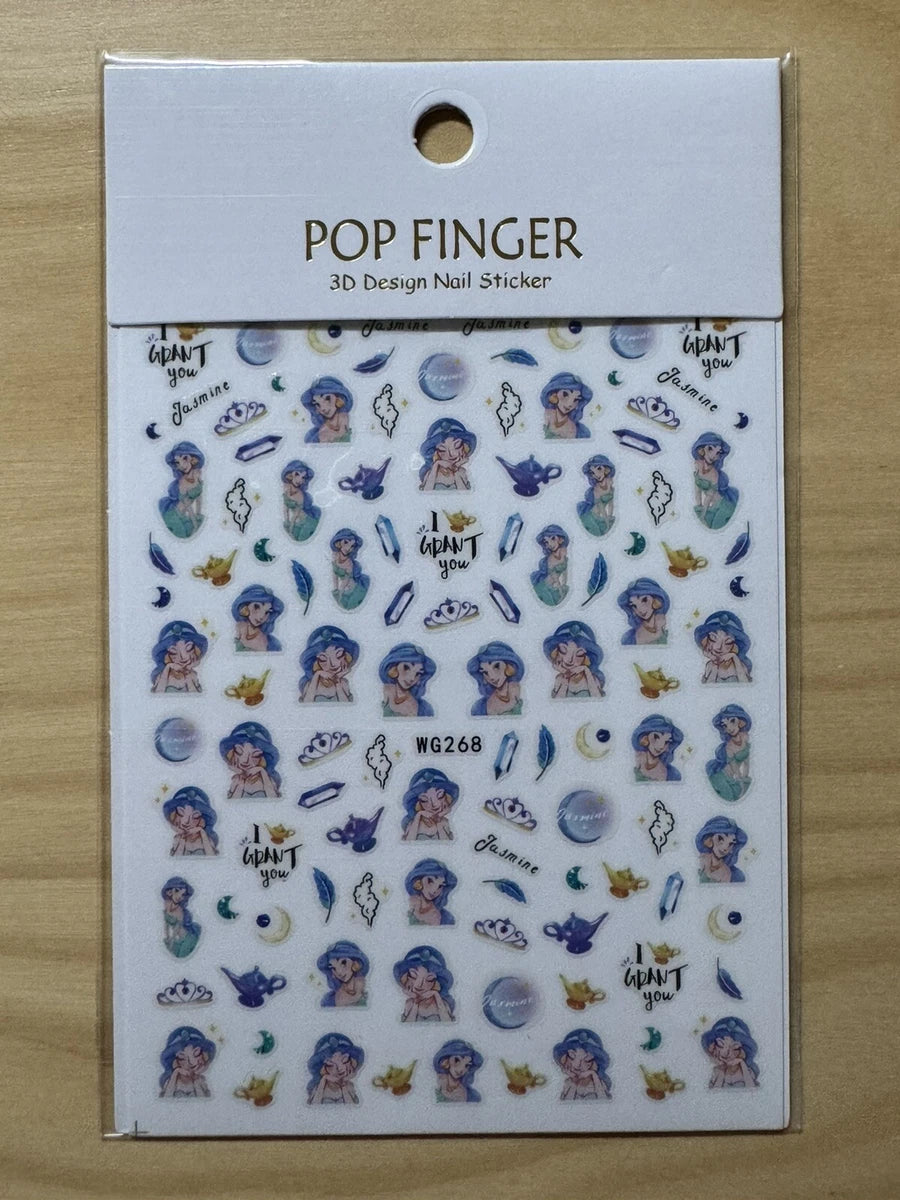 Pop Finger 3D Design Nail Stickers WG268 – Princesa, Lámparas Mágicas y Fantasía Azul