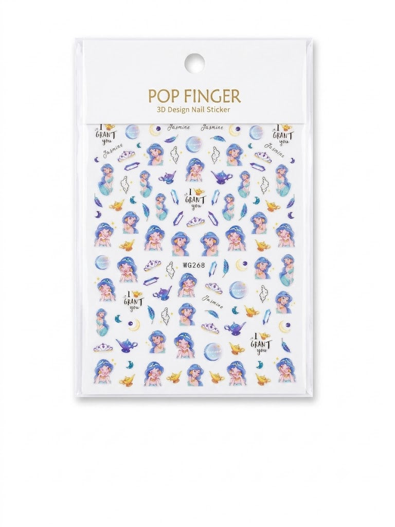 Pop Finger 3D Design Nail Stickers WG268 – Princesa, Lámparas Mágicas y Fantasía Azul