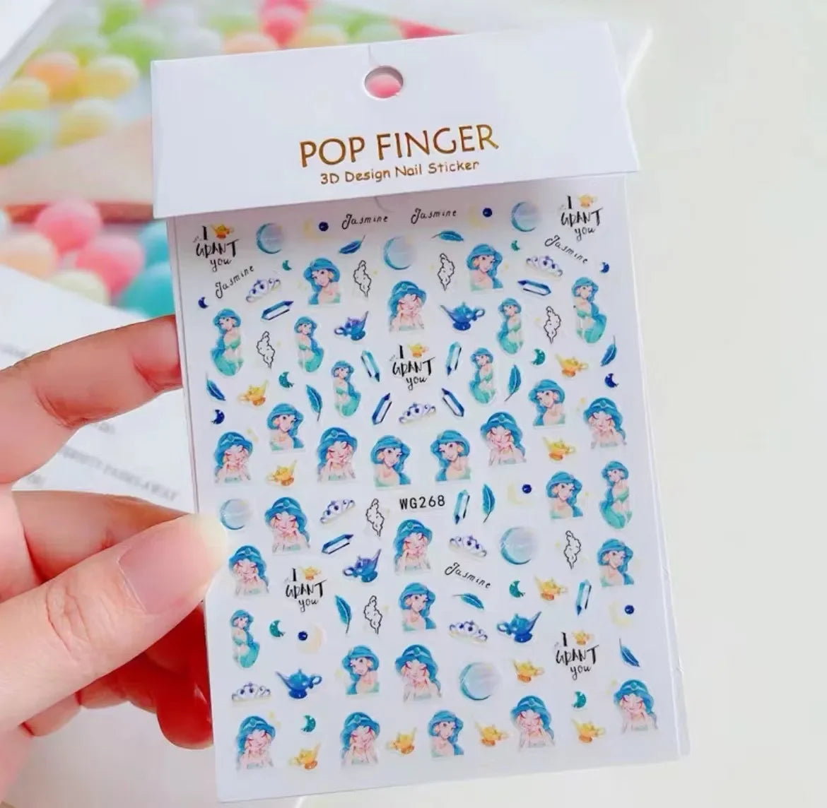 Pop Finger 3D Design Nail Stickers WG268 – Princesa, Lámparas Mágicas y Fantasía Azul