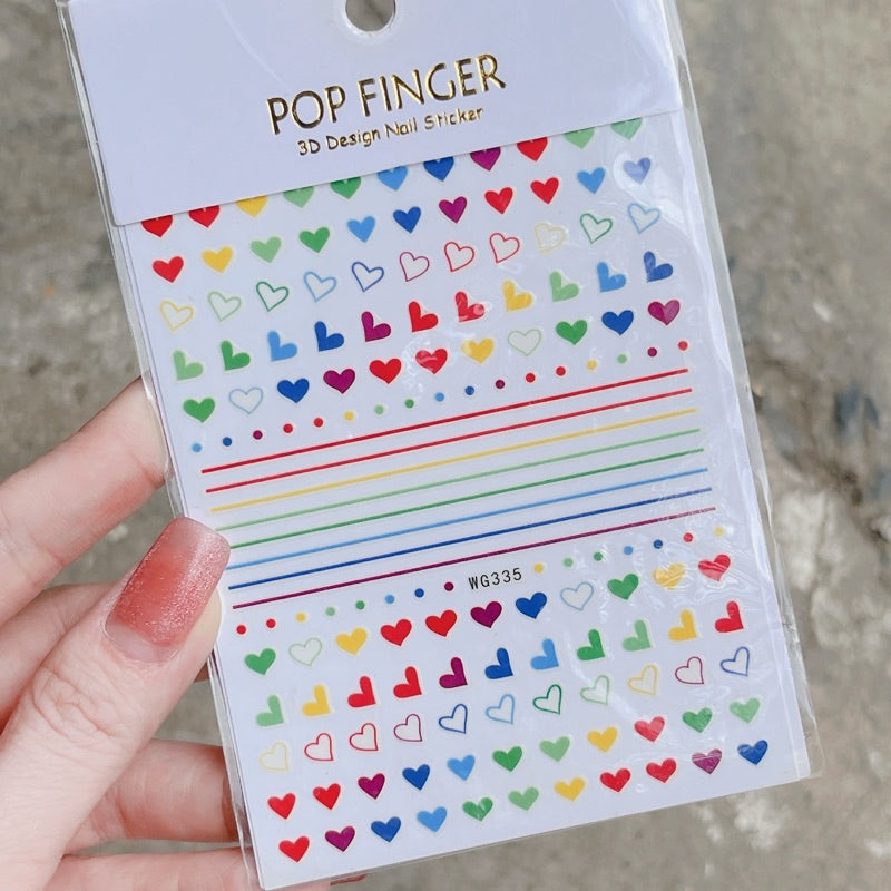 Pop Finger 3D Nail Stickers WG335 – Corazones, Líneas y Puntos Multicolor