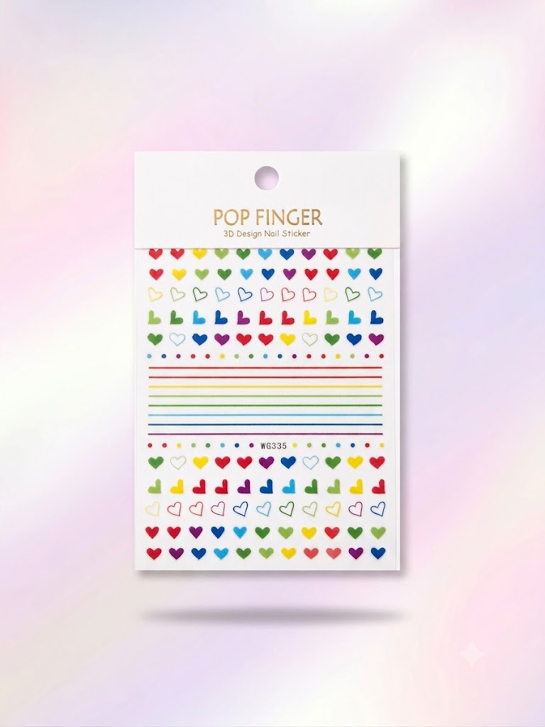 Pop Finger 3D Nail Stickers WG335 – Corazones, Líneas y Puntos Multicolor