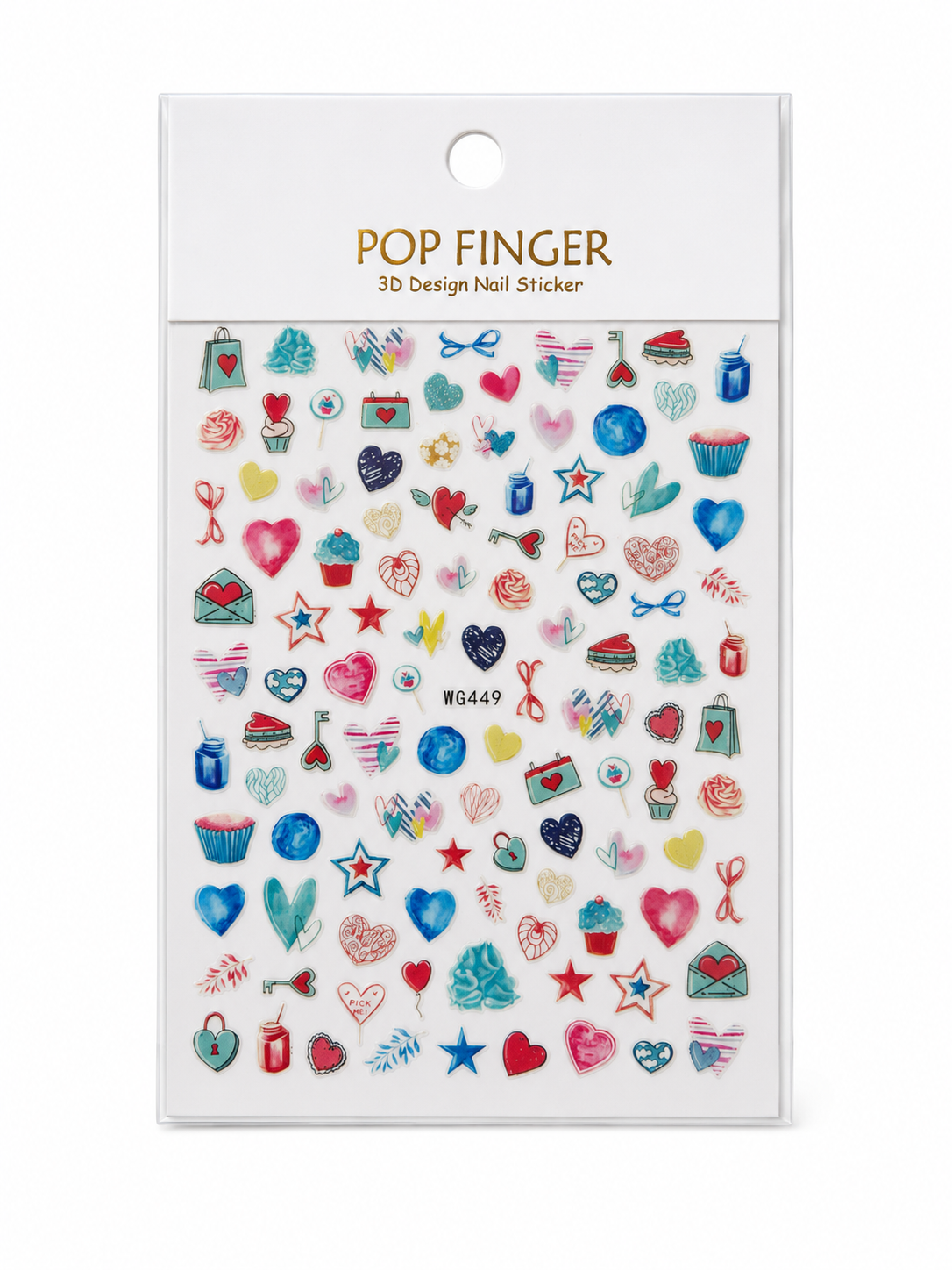 Pop Finger 3D Design Nail Stickers WG449 – Corazones, Dulces, Regalos y Diseños Románticos