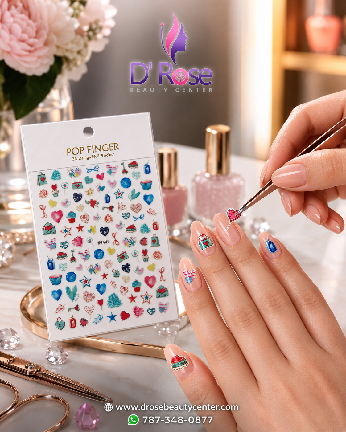 Pop Finger 3D Design Nail Stickers WG449 – Corazones, Dulces, Regalos y Diseños Románticos