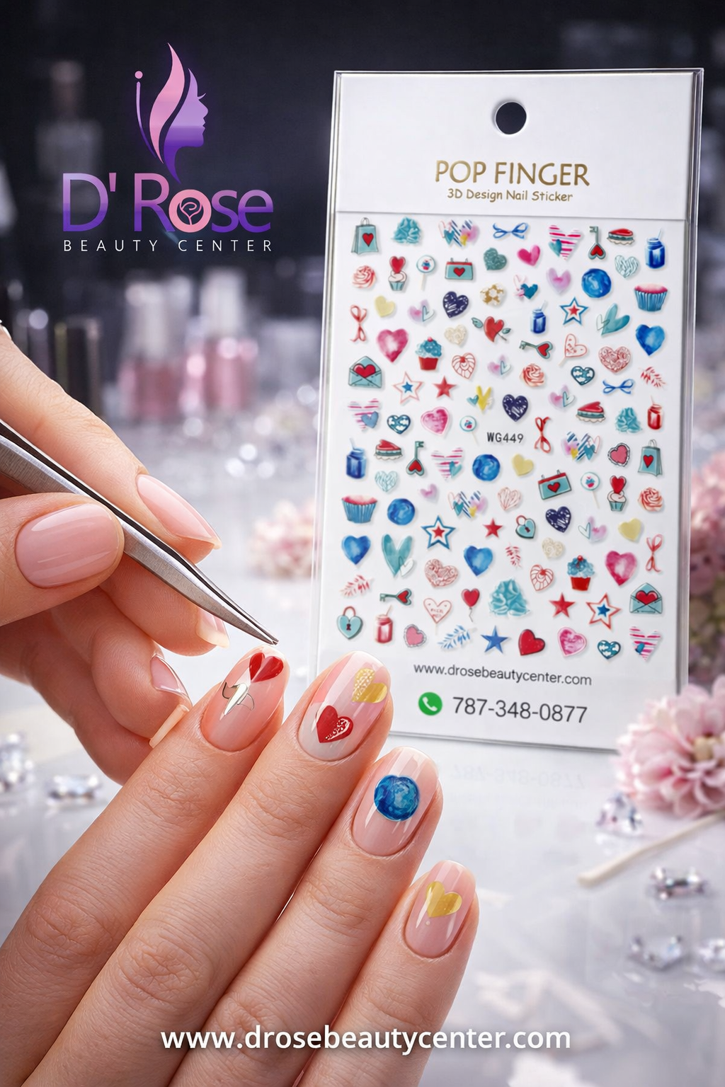 Pop Finger 3D Design Nail Stickers WG449 – Corazones, Dulces, Regalos y Diseños Románticos